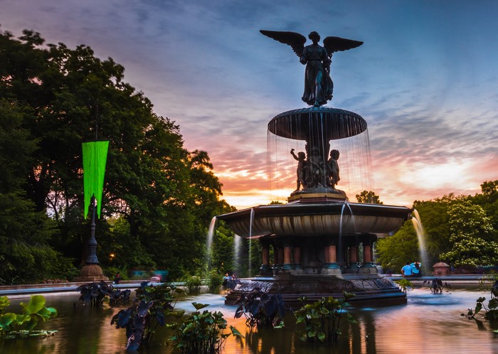 Bethesda Fountain sculpture in New York City at dusk