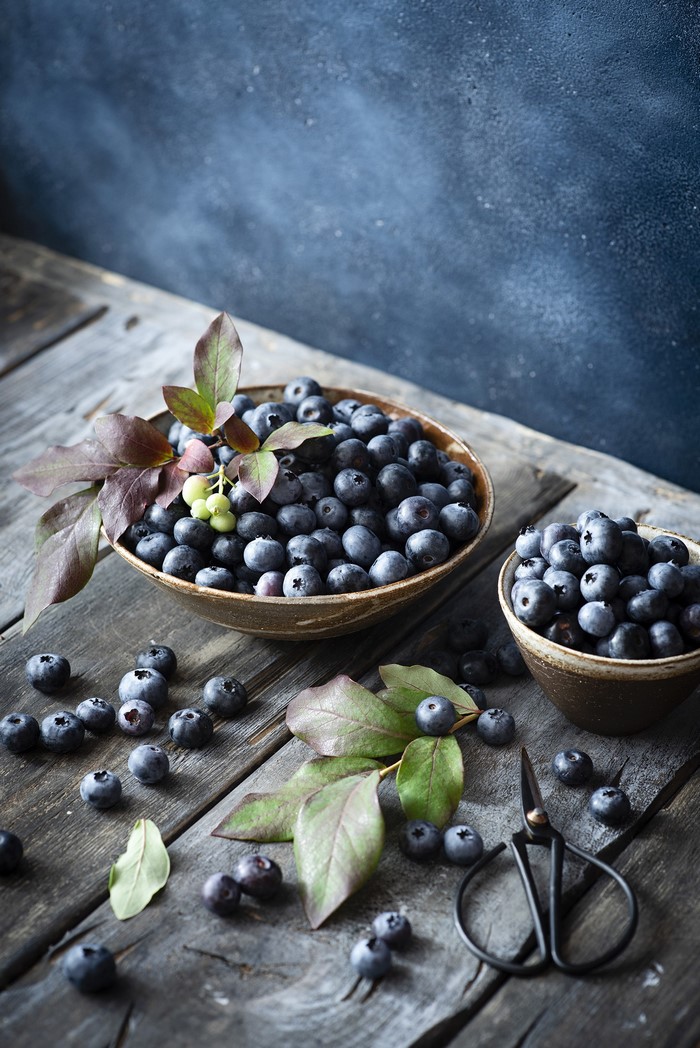 Blueberries in bowls on wooden planks with scissors