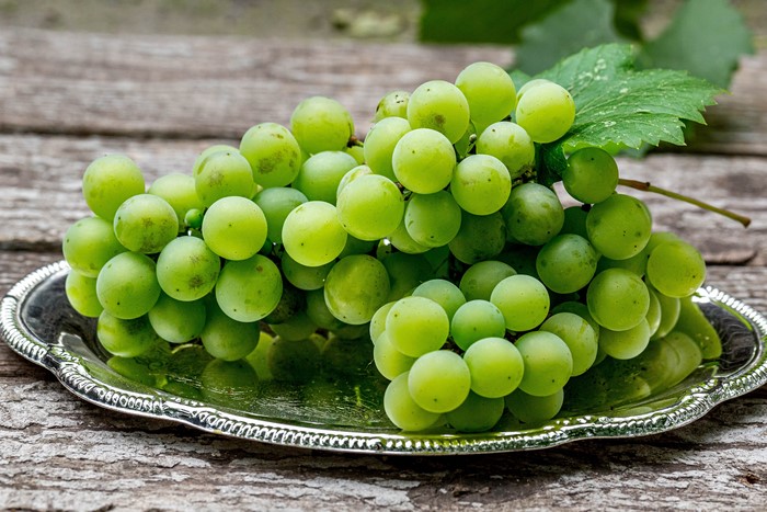 Green grapes on a silver platter