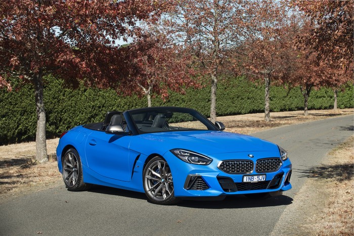 Blue BMW Z4 M40i Convertible on a Road