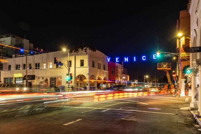 Venice Beach at Night with Light Trails