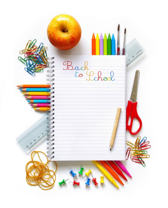 Colorful School Supplies with Apple and Notebook