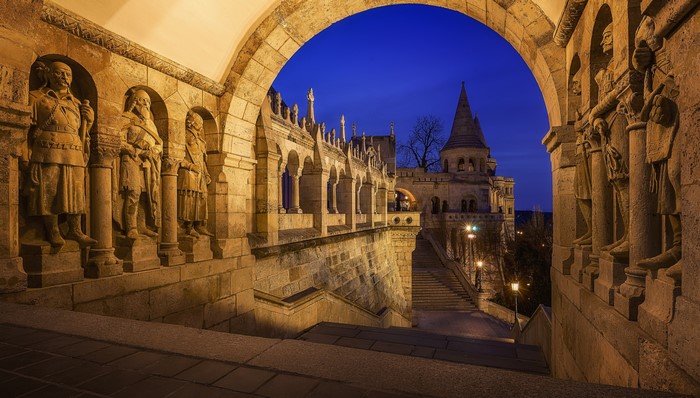 Fisherman's Bastion in Budapest, Hungary at Night