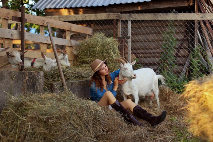 Woman in hat and boots with goats in hay