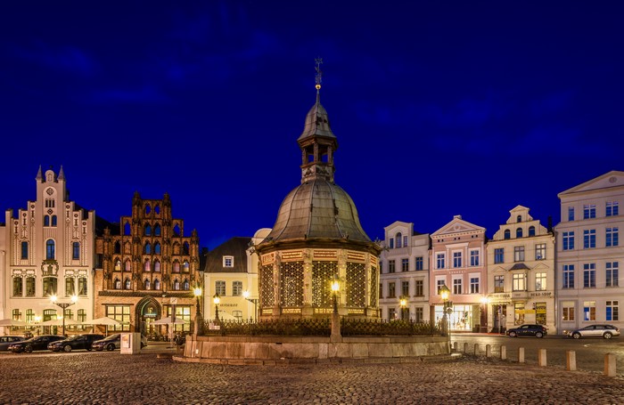 Wismar Wasserkunst Town Square at Night