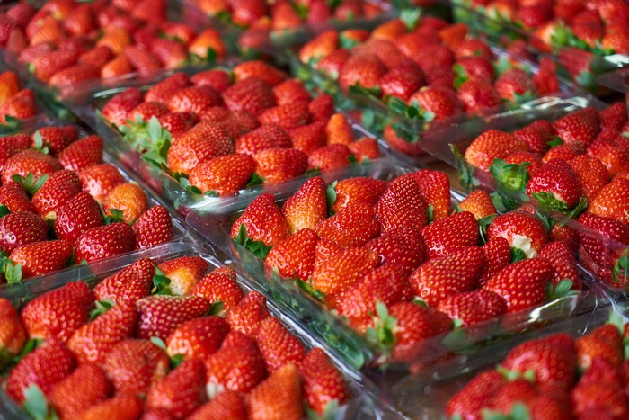 Many strawberries in plastic containers