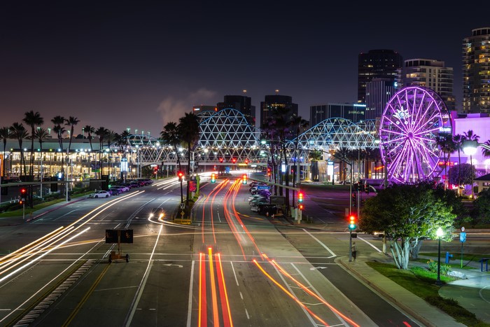 Downtown Long Beach at Night with Ferris Wheel