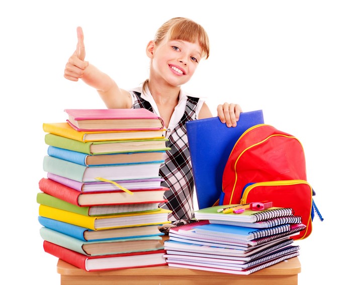 Smiling Girl with Books and School Supplies