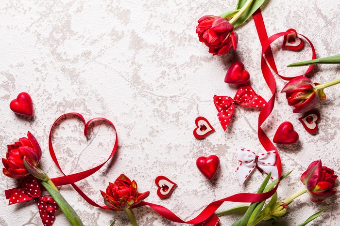 Valentine's Day Red Tulips and Hearts Ribbon