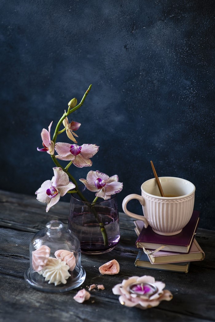 Still life with orchids, sweets, and a cup of coffee