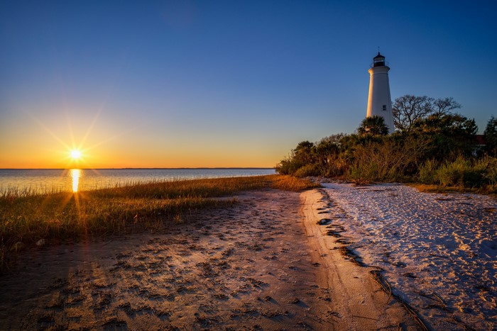 Sunset over the ocean with a lighthouse in Florida
