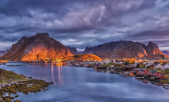 4K Reine, Norway, Lofoten Mountains and Houses at Evening