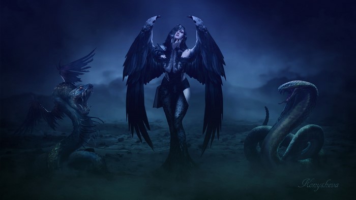 Gothic fantasy angel with snakes by Konysheva