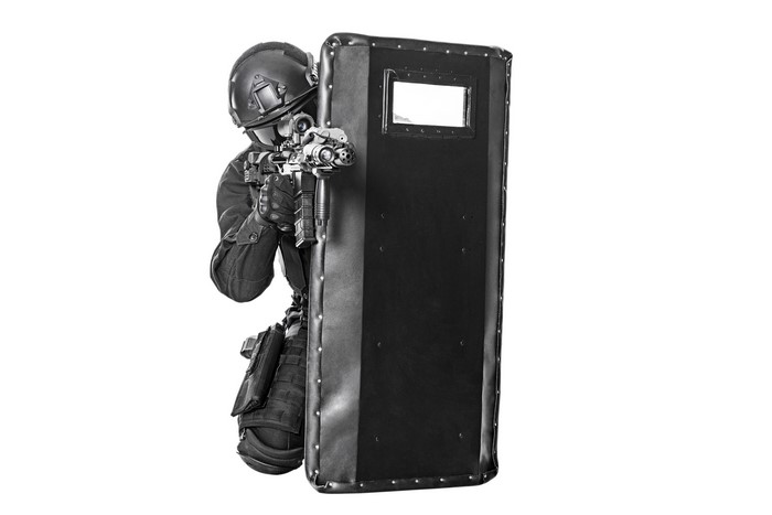 Soldier with Assault Rifle and Shield on White Background