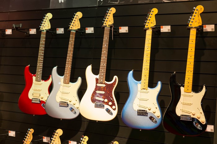 Fender electric guitars on display