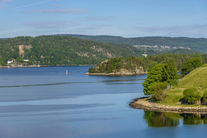Oslo Fjord, Norway with forested hills and islands