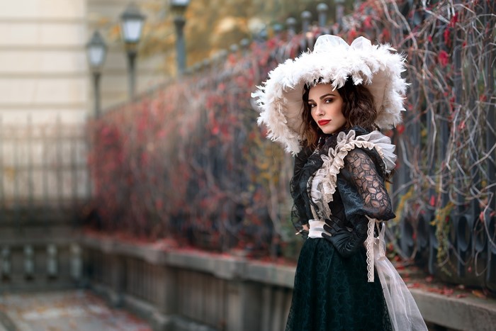 Tanya Markova in a retro dress and hat