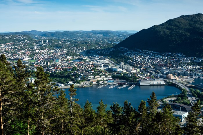 Bergen, Norway cityscape with bay and mountains