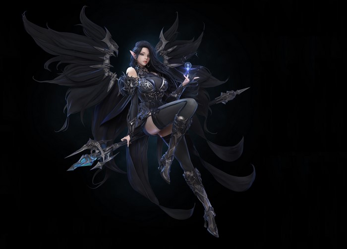 Dark Elf Angel with Staff and Wings