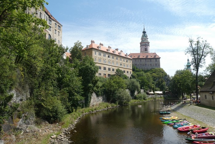 Cesky Krumlov Castle and Vltava River with Boats