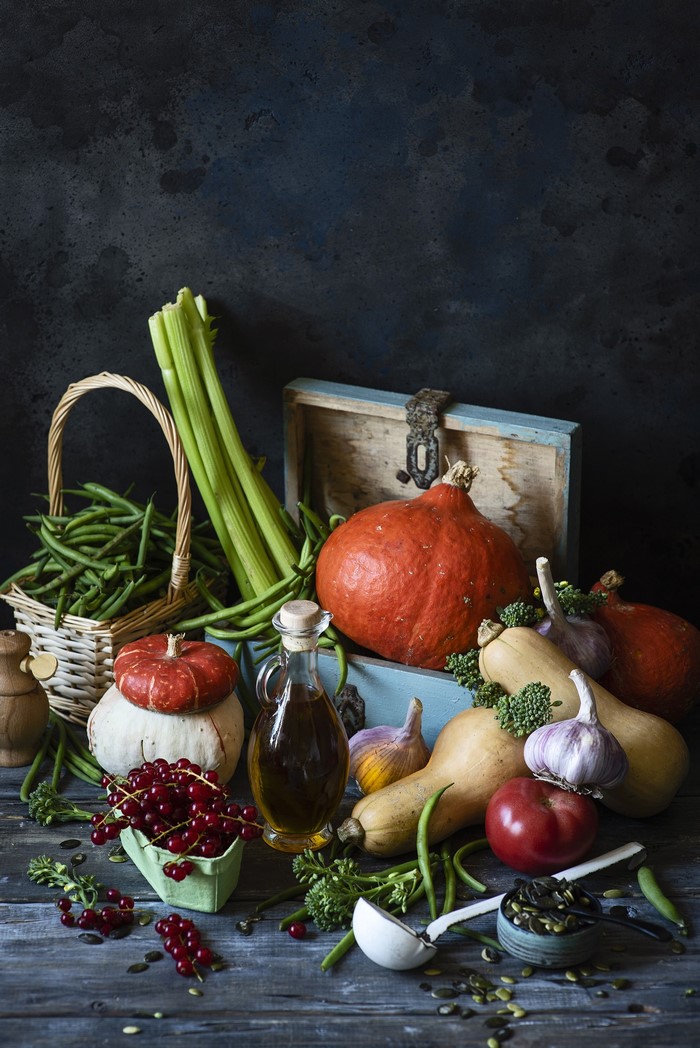 Still life of autumn vegetables and fruits