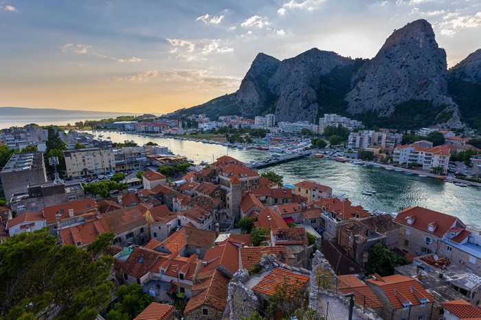 Omis, Croatia: River, Mountains, and Old Town at Dusk