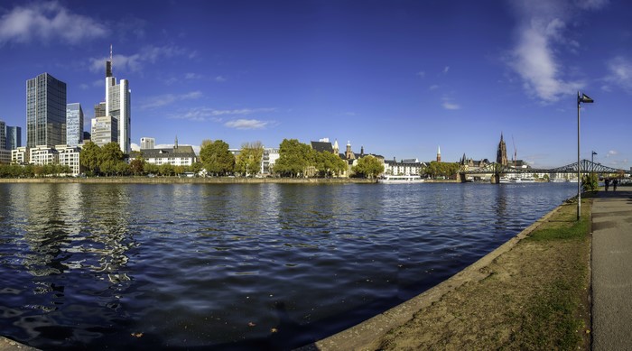 Frankfurt skyline and river with bridges, Germany