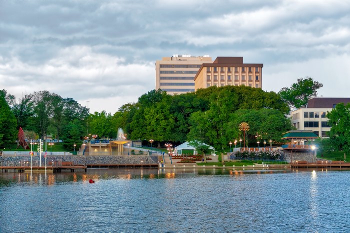 Lakefront with Buildings and Fountain in Columbia, Maryland