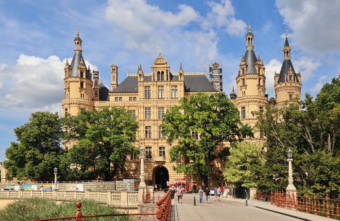Schwerin Castle with trees and bridge