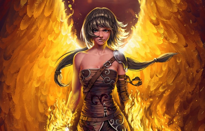 Warrior woman with fiery wings and flames