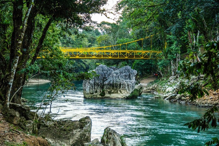 Yellow suspension bridge over a river in a forest