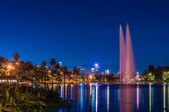 Echo Park Lake Fountain at Night in Los Angeles