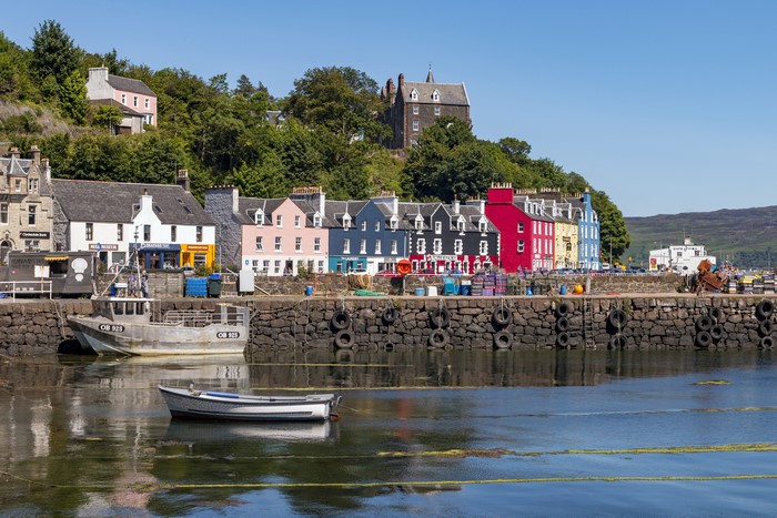 Colorful houses on a hill overlooking a harbor with boats