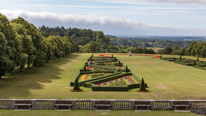 Cliveden Garden with formal flower beds and trees
