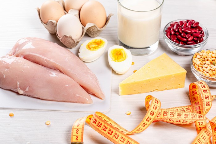 Chicken, Eggs, Milk, Cheese, Beans, Lentils, and Measuring Tape