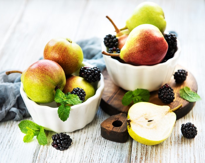 Pears and Blackberries in Bowls