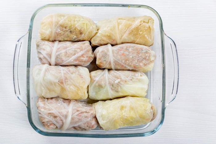 Cabbage rolls in a glass baking dish