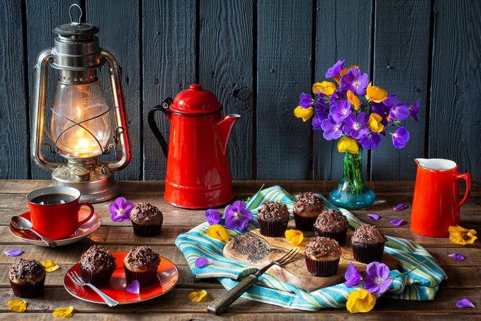 Still-life with Kerosene lamp, Kettle, Coffee, and Little cakes