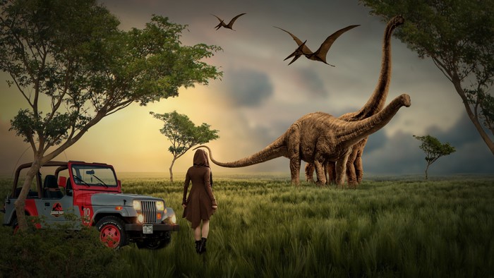 Jurassic Park Jeep with Dinosaurs and Pterodactyls