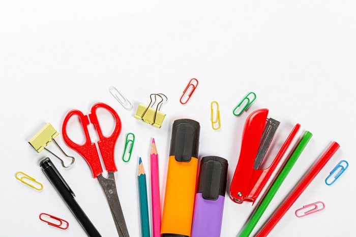 Stationery: Scissors, Pencils, Highlighters, Stapler, Clips