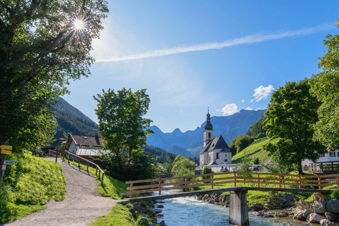4K Berchtesgaden Village with River and Church in Bavaria, Germany