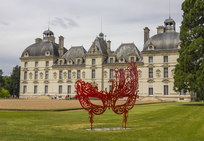 Red Mask Sculpture in front of Chateau de Cheverny, France