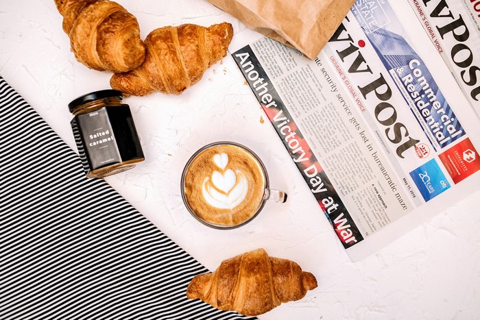 Cappuccino, Croissants, Salted Caramel, and Newspaper