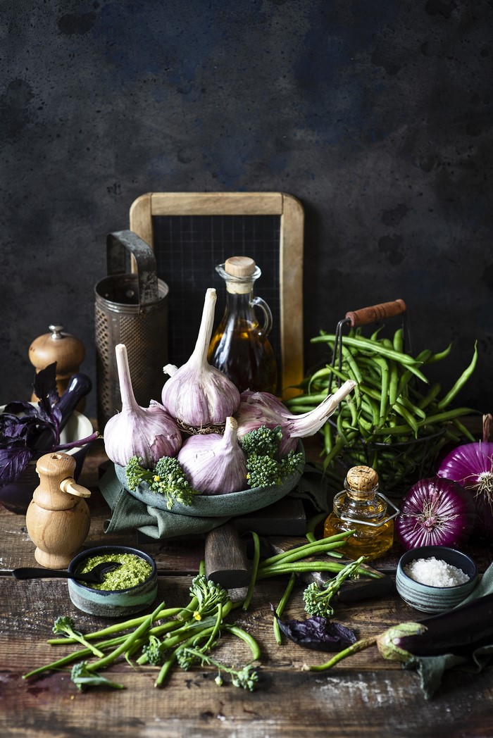 Still life of vegetables and cooking ingredients