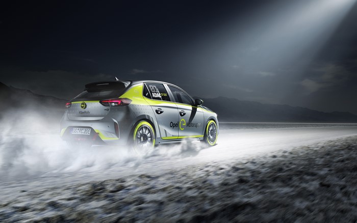 Opel Corsa Electric Rally Car on a Salt Flat