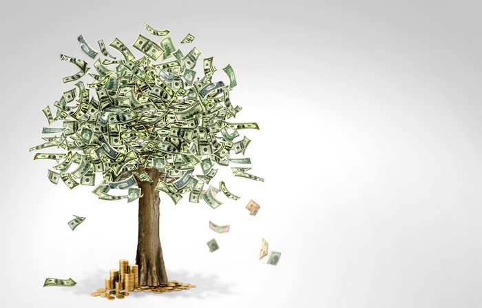 Money Tree with Falling Dollars and Coins