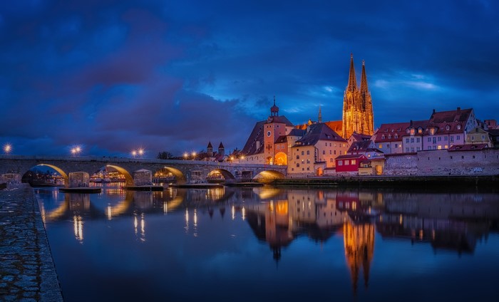 Regensburg Danube River at Dusk with Bridge and Cathedral