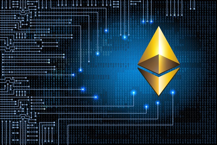 Ethereum ETH Logo Emblem on Digital Circuit Background