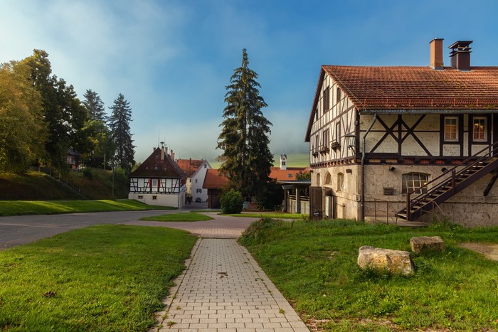 Half-timbered houses and spruce tree in Marbach, Germany