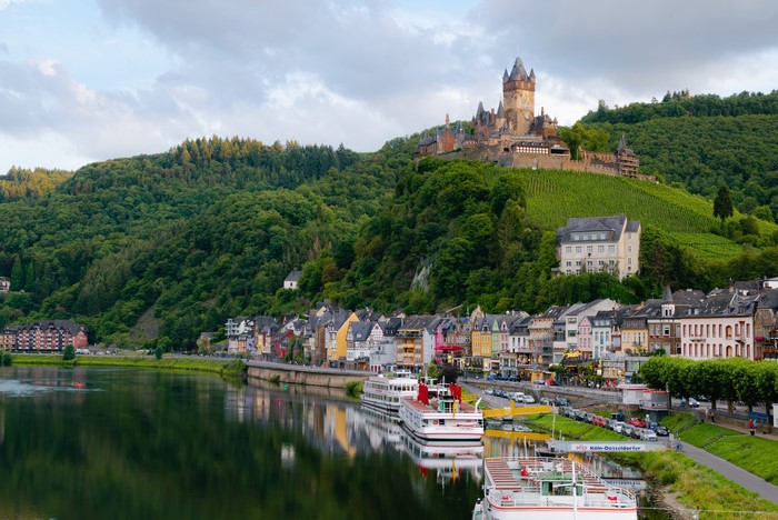 Cochem Castle and River Moselle with Riverboats, Germany